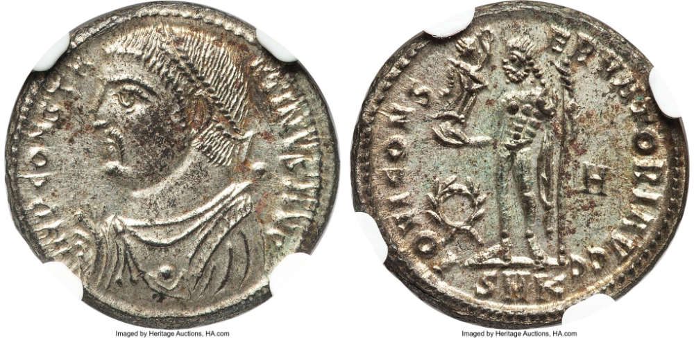 Constantin der Große, 307-337. Nummus mit vollem Silbersud, Kyzikos, 317-320. NGC MS* 5/5 - 5/5, Silvering. Startpreis: 1 $. Zuschlag: 5.612 $. Bild: Heritage