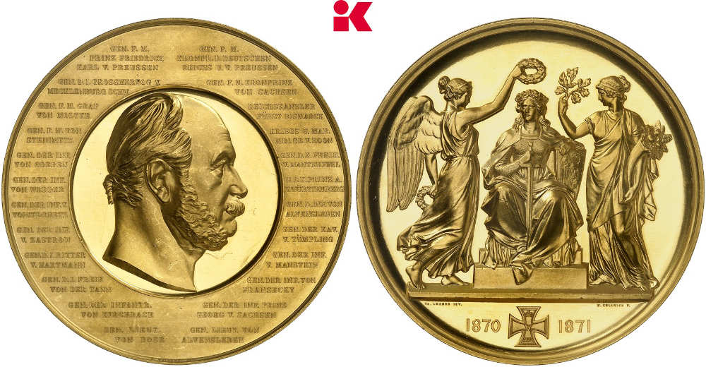 Generalitätsmedaille in Gold zu 120 Dukaten von E. Weigand und F. W. Kullrich, verteilt anlässlich der Berliner Siegesparade am 16. Juni 1817. Nur 25 Exemplare geprägt. Aus dem Bestand des Hohenzollernmuseums, aus dem Nachlass von Kaiser Wilhelm I. Fast Stempelglanz. Taxe: 75.000 Euro. Aus Auktion Künker 442 (23. Juni 2026), Nr. 191