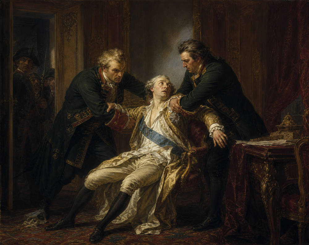 Die Ermordung Peters III. durch Grigori Orlow und seinen Bruder. KI-generiertes Bild im Stile eines Historiengemäldes.