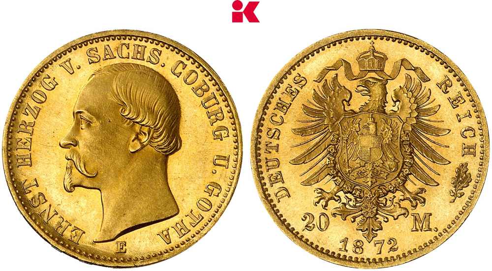 Sachsen-Coburg und Gotha. Ernst II., 1844-1893. 20 Mark 1872. J. 270. Aus der Sammlung eines Physikers. Aus Auktion Heidelberger Münzhandlung 74 (15. Mai 2018), Nr. 2306. NGC MS67 (Top Pop). Das wohl am besten erhaltene Exemplar. Ernstabschlag. Stempelglanz. Taxe: 100.000 Euro. Aus Auktion Künker 446 (22./23. September 2026), Nr. 3230