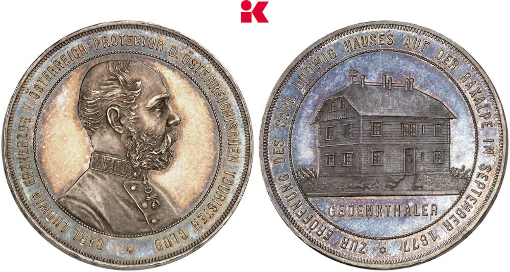 Österreich. Raxalpentaler 1877, Wien. Nur 100 Exemplare geprägt. Aus der Sammlung Wenzel. Prachtexemplar mit prachtvoller Patina. Winzige Kratzer, polierte Platte. Schätzung: 10.000 Euro. Aus Auktion Künker 445 (22./ 23. September 2026), Nr. 546