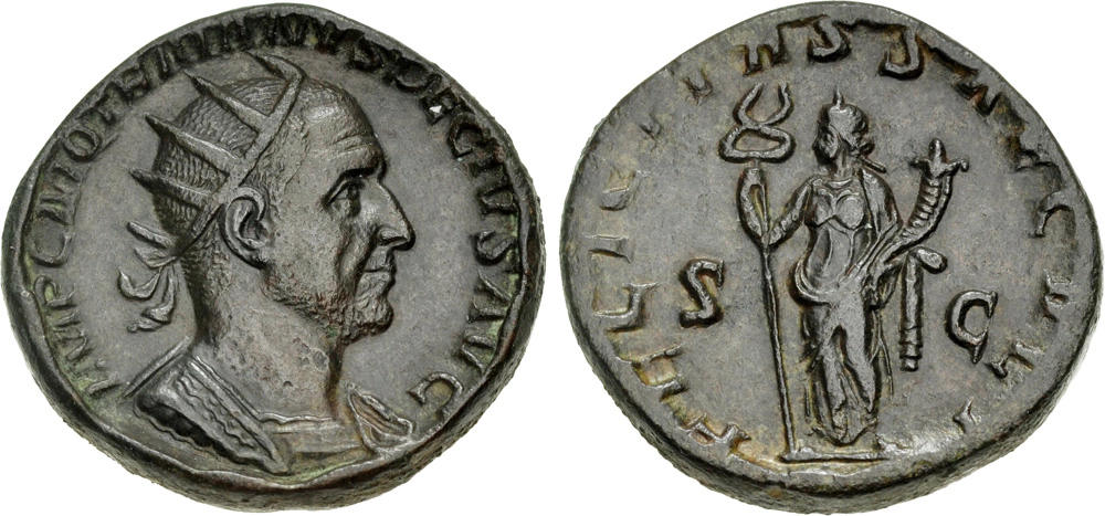 Traianus Decius. Proto-Kontorniat: Doppelsesterz mit aufgehämmertem Rand. Aus der Sammlung W. Toliver Besson. CNG Keystone Auction 17 (22. Juli 2026), Nr. 258. Taxe: 500 GBP. Zuschlag: 1.800 GBP