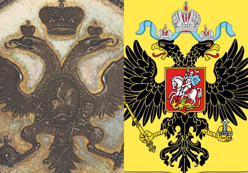 Die russischen Doppeladler im Vergleich: Links der des Essais, rechts der des Staatswappens. - Bild r. cc-by-sa 1.0 von Vladimir Lobachev