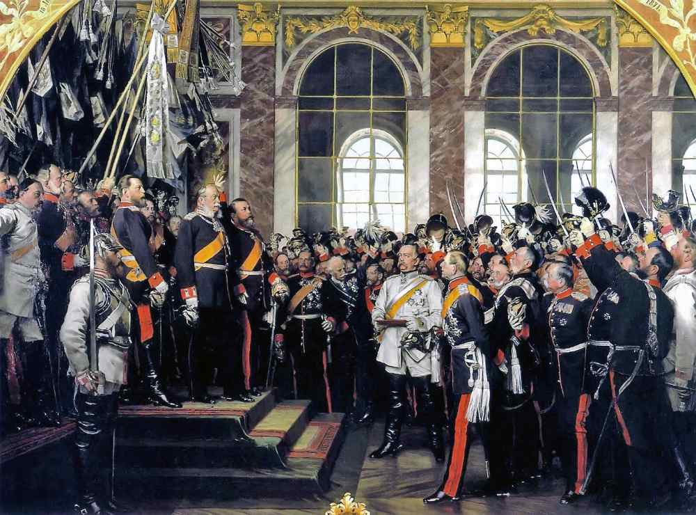 Kaiserproklamation im Spiegelsaal von Versailles. Ganz links auf dem Podest in weißer Uniform Ernst II. Gemälde von Anton von Werner. Bismarck-Museum Friedrichsruh.