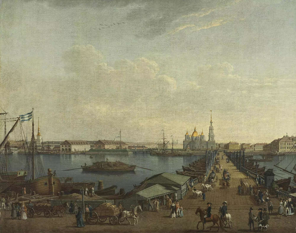 Die Isaakbrücke mit Blick auf die Peter und Paulfestung. Gemälde von Benjamin Patersen um 1790