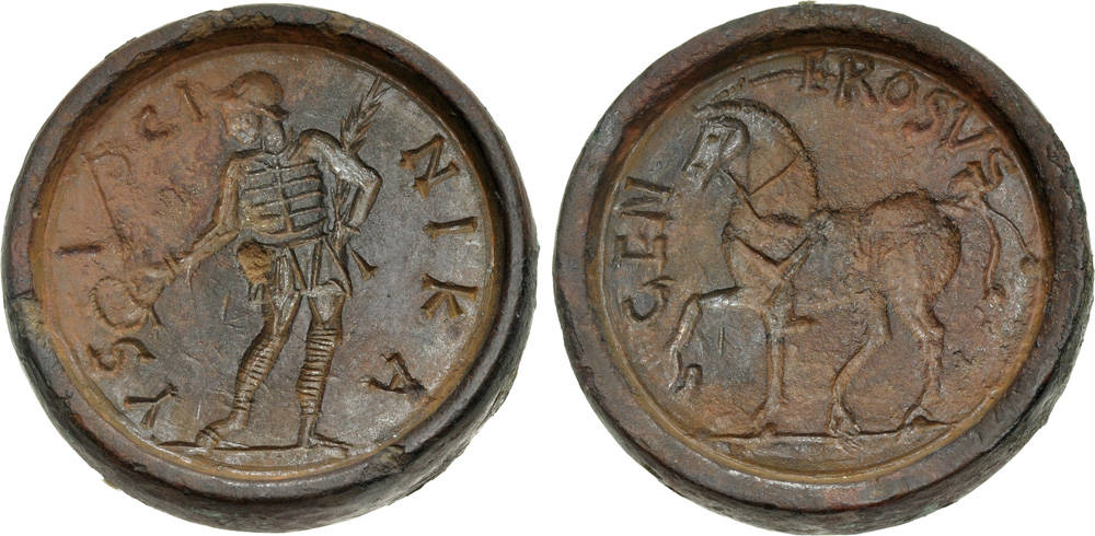 Kontorniat. Der Wagenlenker Eusiches frontal stehend. Rv. Das Pferd Generosus n. l. stehend. Aus der Sammlung W. Toliver Besson, Auktion CNG Keystone Auction 17 (22. Juli 2026), Nr. 307. Taxe: 2.000 GBP. Zuschlag: 2.750 GBP
