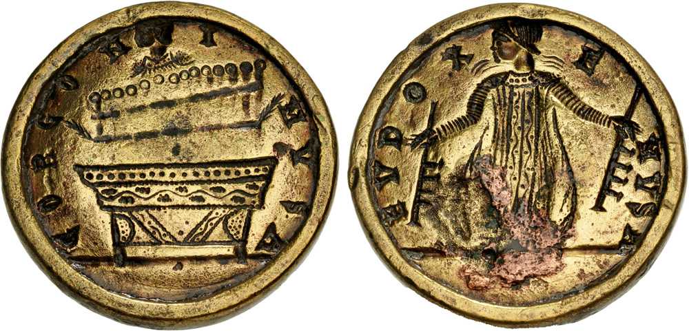 Kontorniat. Gorgonius spielt die Hydraulis. Rv. Der Doppelflötenspieler Eudoxius frontal stehend. Aus der Sammlung W. Toliver Besson, Auktion CNG Keystone Auction 17 (22. Juli 2026), Nr. 308. Taxe: 1.500 GBP. Zuschlag: 5.500 GBP