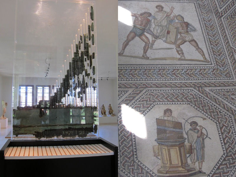 Die Wasserorgel - einmal ein Original aus dem Archäologischen Museum der griechischen Stadt Dion; einmal die Abbildung eines Musikers, der die Wasserorgel spielt. Letzteres ist Teil eines Mosaiks aus dem saarländischen Nennig, das die Vielfalt dessen zeigt, als bei 