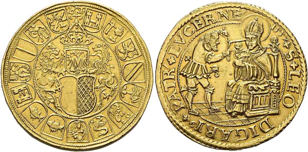 Luzern. 20 Goldgulden 1557, Luzern. Geprägt mit den Stempeln zum Taler. Vermutlich das einzig bekannte Exemplar. Gutes vorzüglich. NGC AU Details. Taxe: 250.000 CHF. Aus Auktion SINCONA 108 (27. Oktober 2026), Nr. 2047.