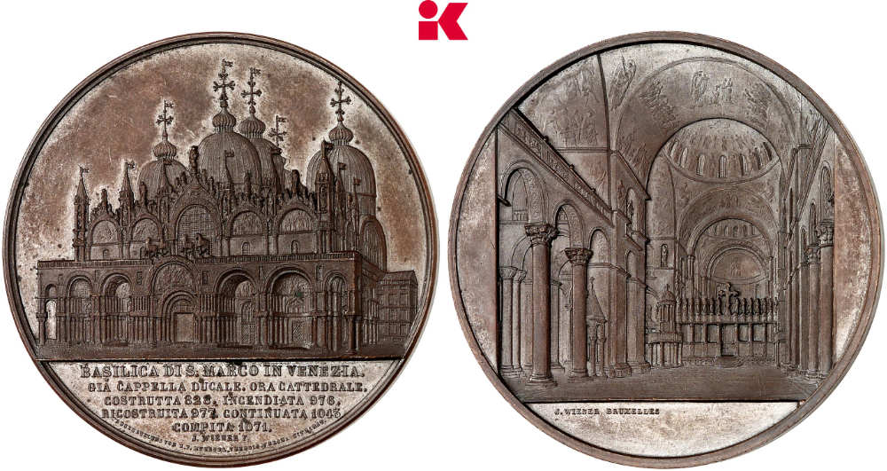 Venedig. Bronzemedaille o. J. (1854), von Jacques Wiener, auf den Markusdom in Venedig. Bestand Hohenzollernmuseum Schloss Monbijou, Berlin. Aus dem Nachlass König Friedrich Wilhelms IV. Fast Stempelglanz. Schätzung: 100 Euro. Aus Auktion Künker 450 (24. November 2026), Nr. 5309.