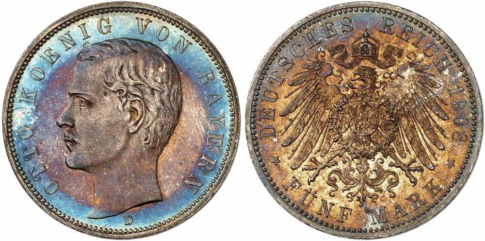 Ein Musterbeispiel für eine getönte Münze: Bayern. Otto II. 5 Mark 1908. Polierte Platte. Startpreis: 350 Euro. Aus Auktion Heidelberger Münzhandlung 94 (10.-12. November 2026), Nr. 3084.