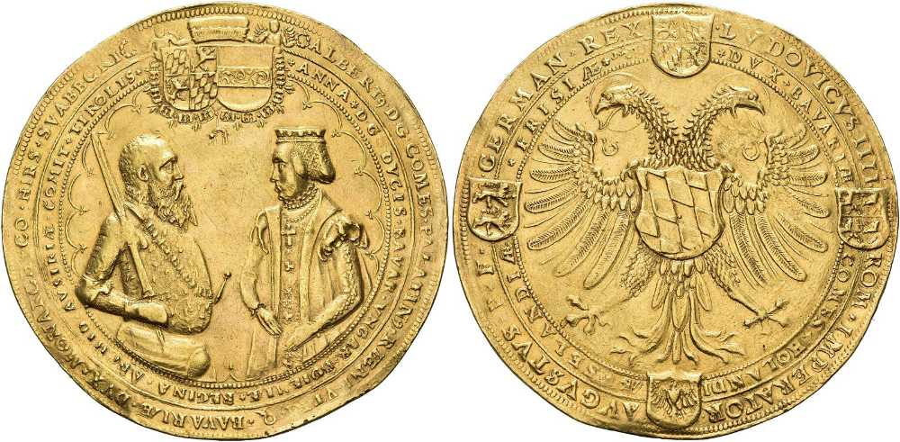 Bayern. Albrecht V., 1550-1579. Donativ zu 25 Dukaten, undatiert. 3. Viertel des 16. Jahrhunderts. Unik, aus der Wittelsbacher Familiensammlung. Meisterwerk der deutschen Renaissance. Fast vorzüglich. Schätzung: 150.000 Euro. Aus Traveller Collection, NAC 171 (18. November 2026), Nr. 1127.