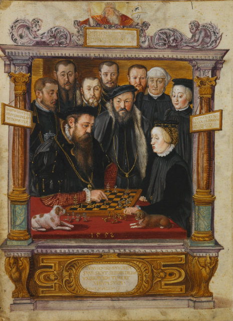 Albrecht V. und Anne von Österreich spielen in Anwesenheit von Würdenträgern und Gästen Schach. Kleinodienbuch von Herzog Albrecht V. von Bayern und seiner Gemahlin Anna von Österreich), gemalt von Hans Müelich. BSB Cod.icon. 429, München 1552-1555.