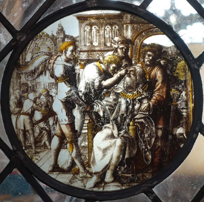Die Blendung des hl. Leodegar. Schweizer Glasmalerei des 16. Jahrhunderts, heute in der King's College Chapel / Cambridge. Foto: KW.
