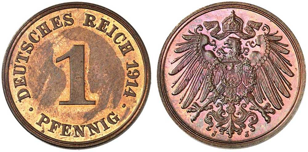 Nur eine sehr dezente Färbung: Deutsches Reich. 1 Pfennig 1914. Polierte Platte. Startpreis: 50 Euro. Aus Auktion Heidelberger Münzhandlung 94 (10.-12. November 2026), Nr. 2826.
