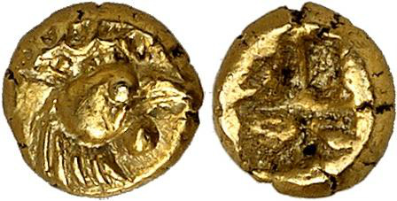 Ionien. 1/24 Stater (Elektron, 0,62 g), 600-550 v. Chr. Aus der Sammlung Baron Lorne Thyssen-Bornemisza, und CNG Triton XIV (2011), Nr. 310; ausgestellt 2012 in der Ausstellung 