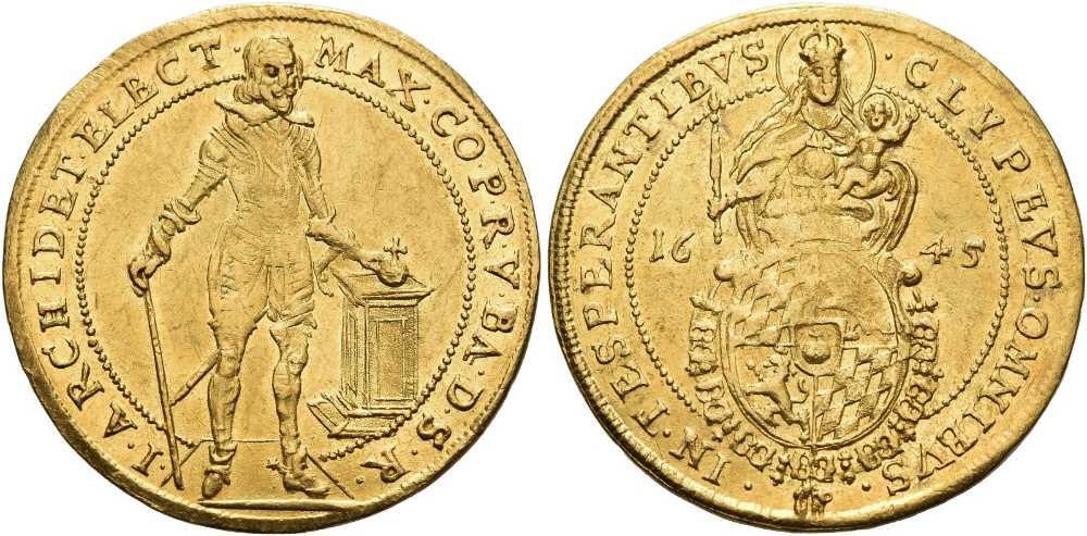Bayern. Maximilian I. Doppeldukat 1645 mit dem Titel Erzherzog und Kurfürst. Fast vorzüglich. Schätzung: 2.500 CHF. Aus Traveller Collection, NAC 171 (18. November 2026), Nr. 1129.
