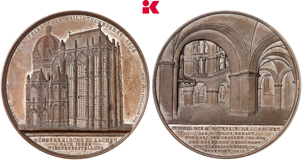 Aachen. Bronzemedaille o. J. (1852), von Jacques Wiener, auf das Aachener Münster. Bestand Hohenzollernmuseum Schloss Monbijou, Berlin. Aus dem Nachlass König Friedrich Wilhelms IV. Vorzüglich bis Stempelglanz. Schätzung: 100 Euro. Aus Auktion Künker 450 (24. November 2026), Nr. 5276.
