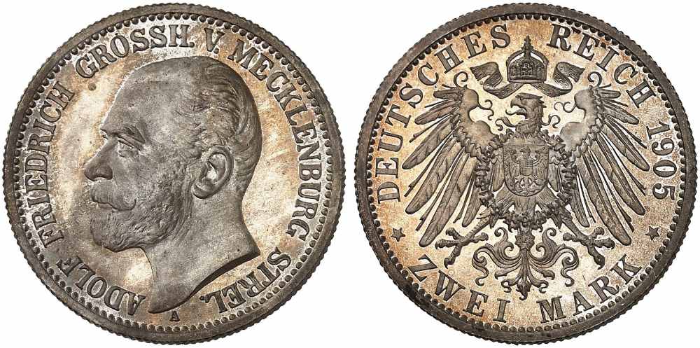 Mecklenburg-Strelitz. Adolf Friedrich V. 2 Mark 1905. Polierte Platte. Startpreis: 1.000 Euro. Aus Auktion Heidelberger Münzhandlung 94 (10.-12. November 2026), Nr. 3345.