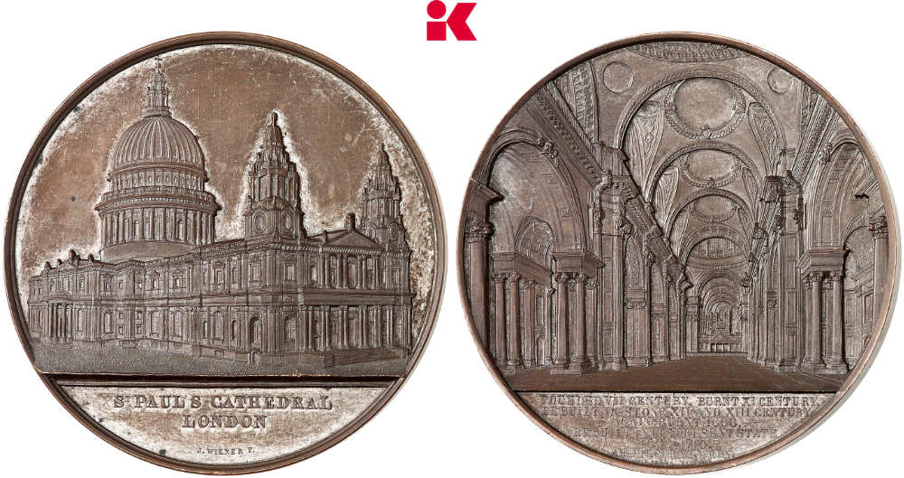 London. Bronzemedaille o. J. (1853), von Jacques Wiener, auf St. Paul / London. Bestand Hohenzollernmuseum Schloss Monbijou, Berlin. Aus dem Nachlass König Friedrich Wilhelms IV. Fast Stempelglanz. Schätzung: 100 Euro. Aus Auktion Künker 450 (24. November 2026), Nr. 5301.
