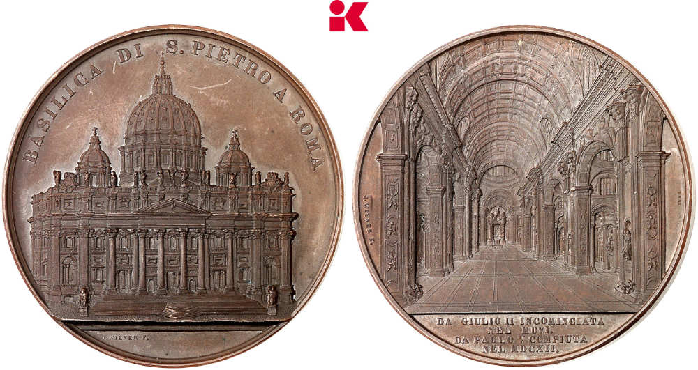 Rom. Bronzemedaille o. J. (1857), von Jacques Wiener, auf den Petersdom in Rom. Bestand Hohenzollernmuseum Schloss Monbijou, Berlin. Aus dem Nachlass König Friedrich Wilhelms IV. Vorzüglich bis Stempelglanz. Schätzung: 100 Euro. Aus Auktion Künker 450 (24. November 2026), Nr. 5307.