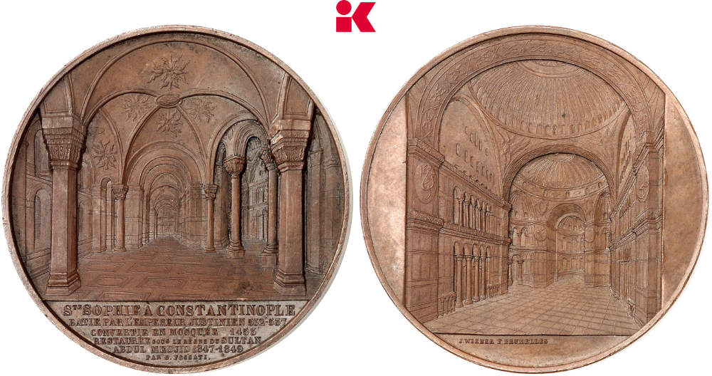 Konstantinopel. Bronzemedaille o. J. (1858), von Jacques Wiener, auf die Hagia Sophia in Konstantinopel. Bestand Hohenzollernmuseum Schloss Monbijou, Berlin. Aus dem Nachlass König Friedrich Wilhelms IV. Winzige Kratzer, fast Stempelglanz. Schätzung: 200 Euro. Aus Auktion Künker 450 (24. November 2026), Nr. 5313.