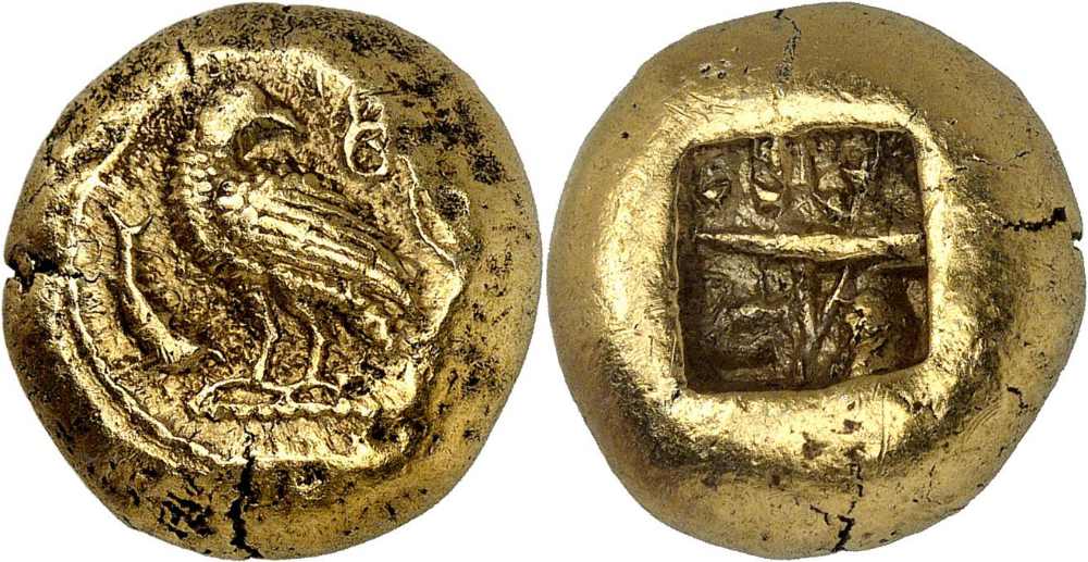 Abydos. Stater nach lydo-milesischem Standard (Elektron, 14,13 g), 520-480 v. Chr. Aus Jonathan P. Rosen Collection, Roma XII (2016), Nr. 233. Nur zwei Stücke bekannt. Das einzige Stück auf dem Markt. Fast vorzüglich. Angeboten mit einem Startpreis von 25.000 CHF in Auktion NGSA 24 (16. November 2026), Nr. 30.