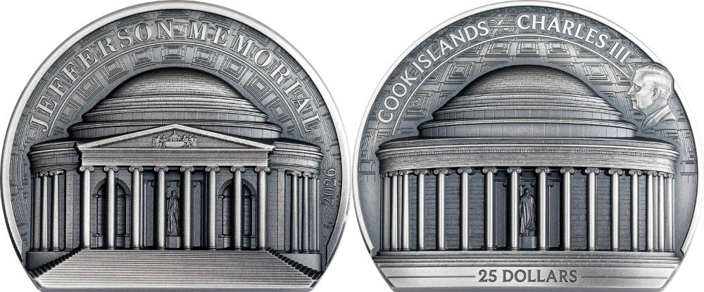 Antique Finish auf einer Münze, die dafür gedacht ist, auf dem Schreibtisch zu stehen und angefasst zu werden. Cook Islands. 25 Dollars (5 Unzen Silber) 2026. CIT, Münzstätte: B. H. Mayer Kunstprägeanstalt.