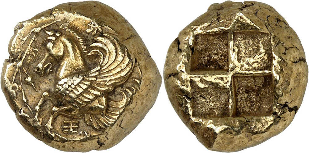 Lampsakos. Stater (Elektron, 15,15 g), um 411 v. Chr. Aus der Sammlung Baron Lorne Thyssen-Bornemisza, und Sammlung Hans von Aulock (1906-1980), Nr. 1292; publiziert zwischen 1957 und 1968. Ein außergewöhnliches Exemplar mit bedeutender Provenienz. Angeboten mit einem Startpreis von 50.000 CHF in Auktion NGSA 24 (16. November 2026), Nr. 29.