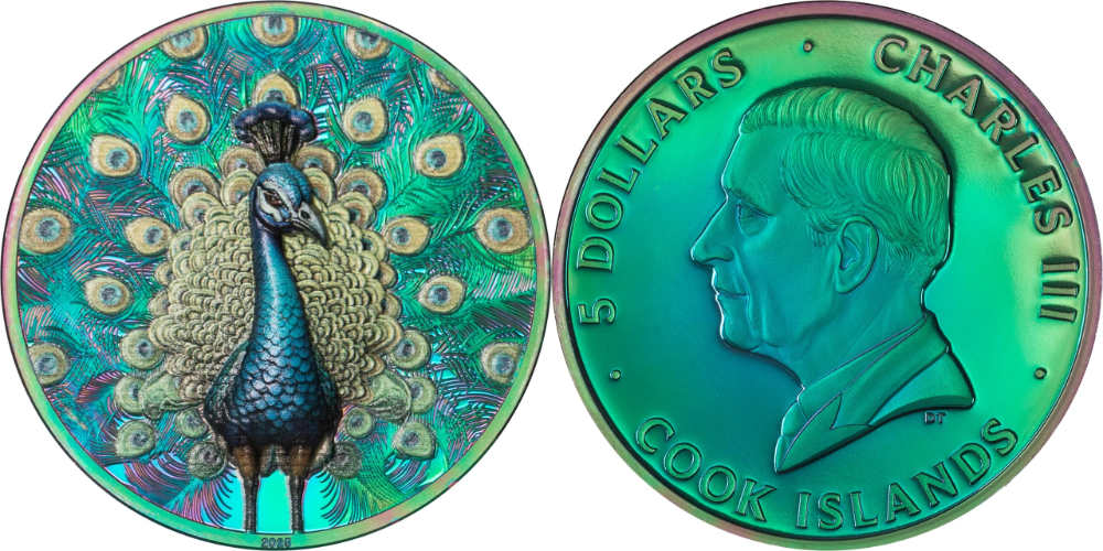 Eine künstliche Regenbogenpatina in grün, erzeugt durch Prisma Plating. Cook Islands. 5 Dollars (1 Unze Silber) 2026. CIT, Münzstätte: B. H. Mayer Kunstprägeanstalt.