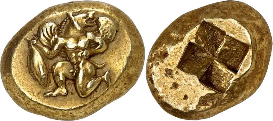 Kyzikos. Stater (Elektron, 16,06 g), um 500-475 v. Chr. Aus der Sammlung Baron Lorne Thyssen-Bornemisza, und Sammlung Hans von Aulock (1906-1980), Nr. 7300; publiziert zwischen 1957 und 1968. ausgestellt in der Ausstellung 
