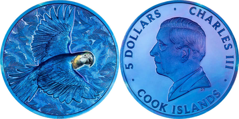 Eine künstliche Regenbogenpatina in blau, erzeugt durch Prisma Plating. Cook Islands. 5 Dollars (1 Unze Silber) 2026. CIT, Münzstätte: B. H. Mayer Kunstprägeanstalt.