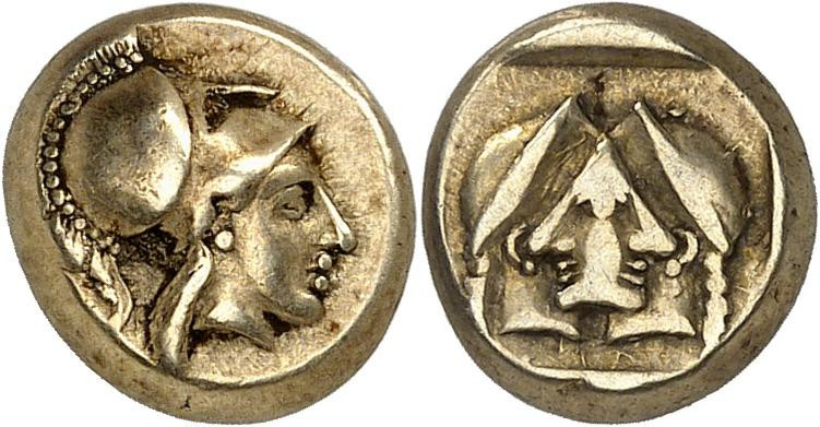 Mytilene. Hekte (Elektron, 2,56 g), um 454-427 v. Chr. Aus der Sammlung David Koppersmith. Sehr selten. Gutes sehr schön. Angeboten mit einem Startpreis von 5.000 CHF in Auktion NGSA 24 (16. November 2026), Nr. 32.