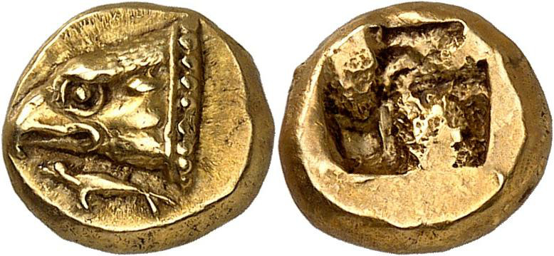 Phokaia. Hekte (Elektron, 2,57 g), um 525 v. Chr. Aus der Sammlung Baron Lorne Thyssen-Bornemisza. Ausgestellt in der Ausstellung 